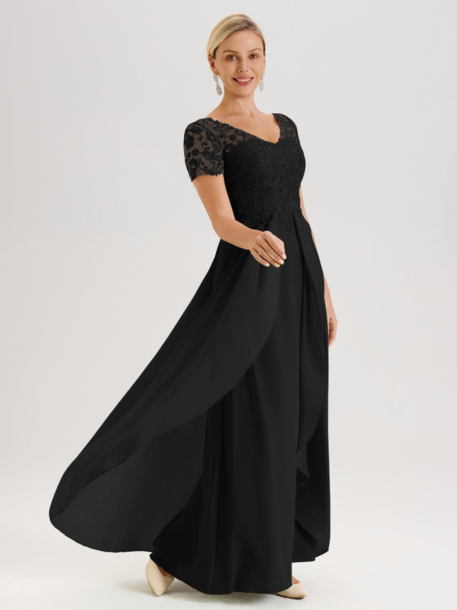 Cicinia Noir Robe De Mère De La Mariée Longue Ligne A En Dentelle Et Mousseline À Manches Courtes Et Décolleté En V