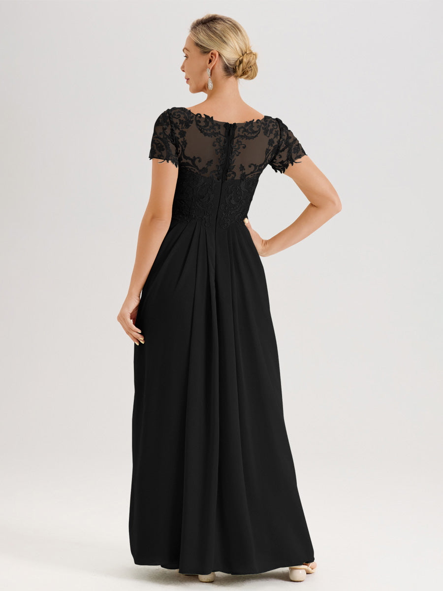 Cicinia Noir Robe De Mère De La Mariée Longue Ligne A En Dentelle Et Mousseline À Manches Courtes Et Décolleté En V