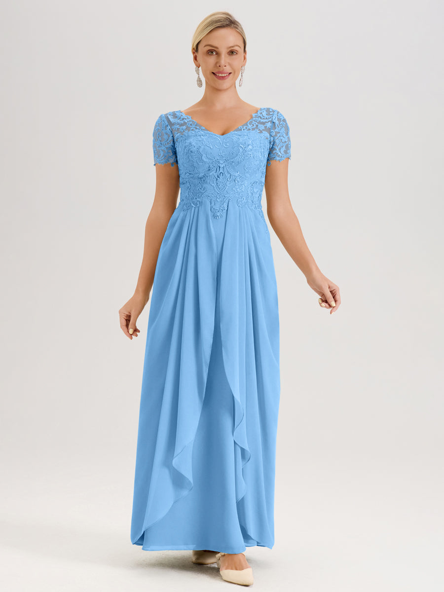 Cicinia Bleu Robe De Mère De La Mariée Longue Ligne A En Dentelle Et Mousseline À Manches Courtes Et Décolleté En V