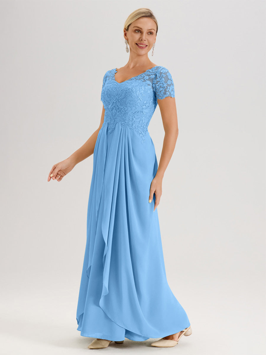 Cicinia Bleu Robe De Mère De La Mariée Longue Ligne A En Dentelle Et Mousseline À Manches Courtes Et Décolleté En V