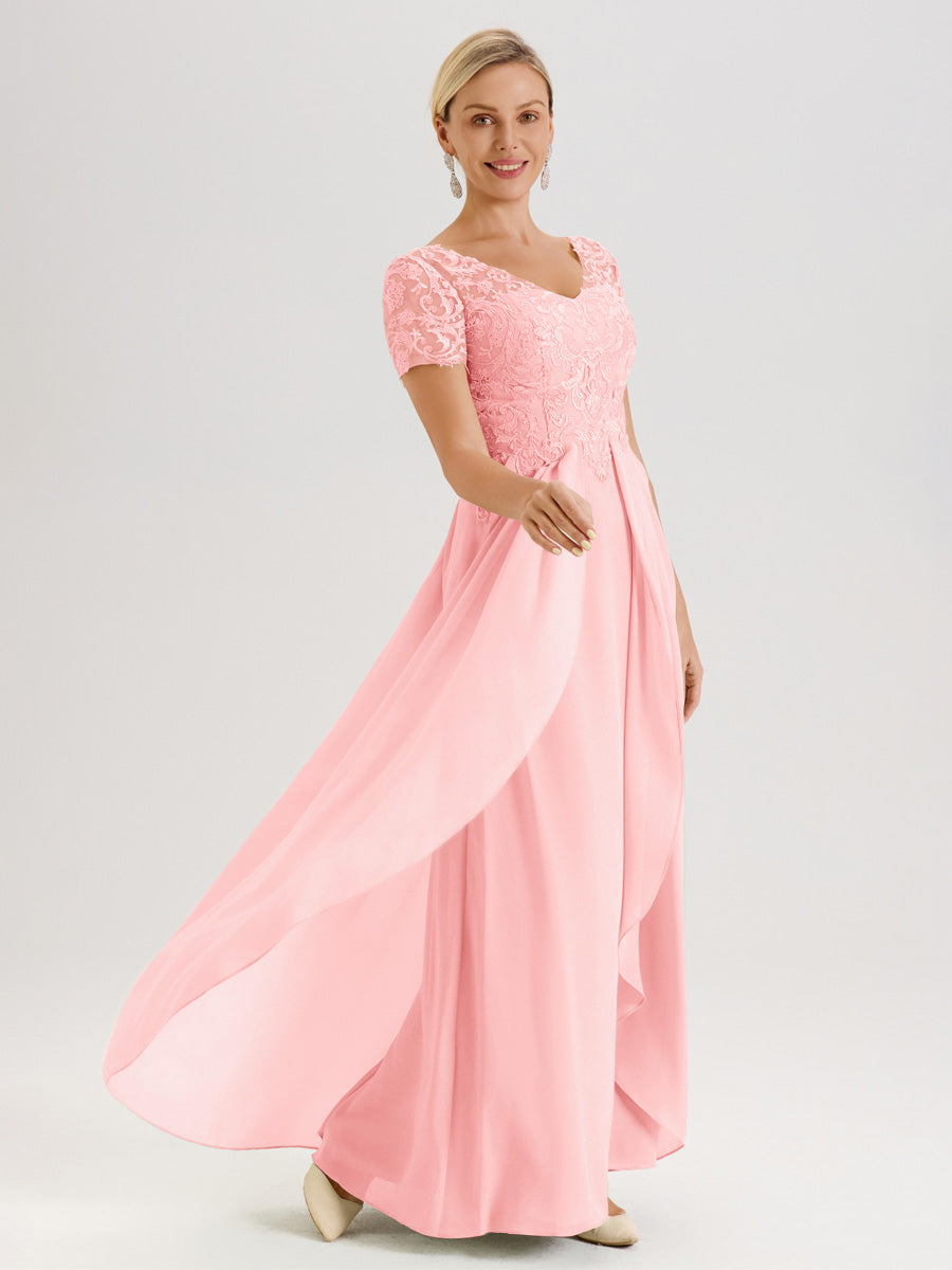 Cicinia Rose Robe De Mère De La Mariée Longue Ligne A En Dentelle Et Mousseline À Manches Courtes Et Décolleté En V