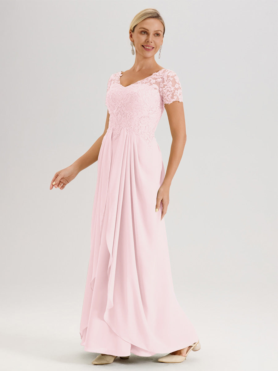 Cicinia Rose Pâle Robe De Mère De La Mariée Longue Ligne A En Dentelle Et Mousseline À Manches Courtes Et Décolleté En V