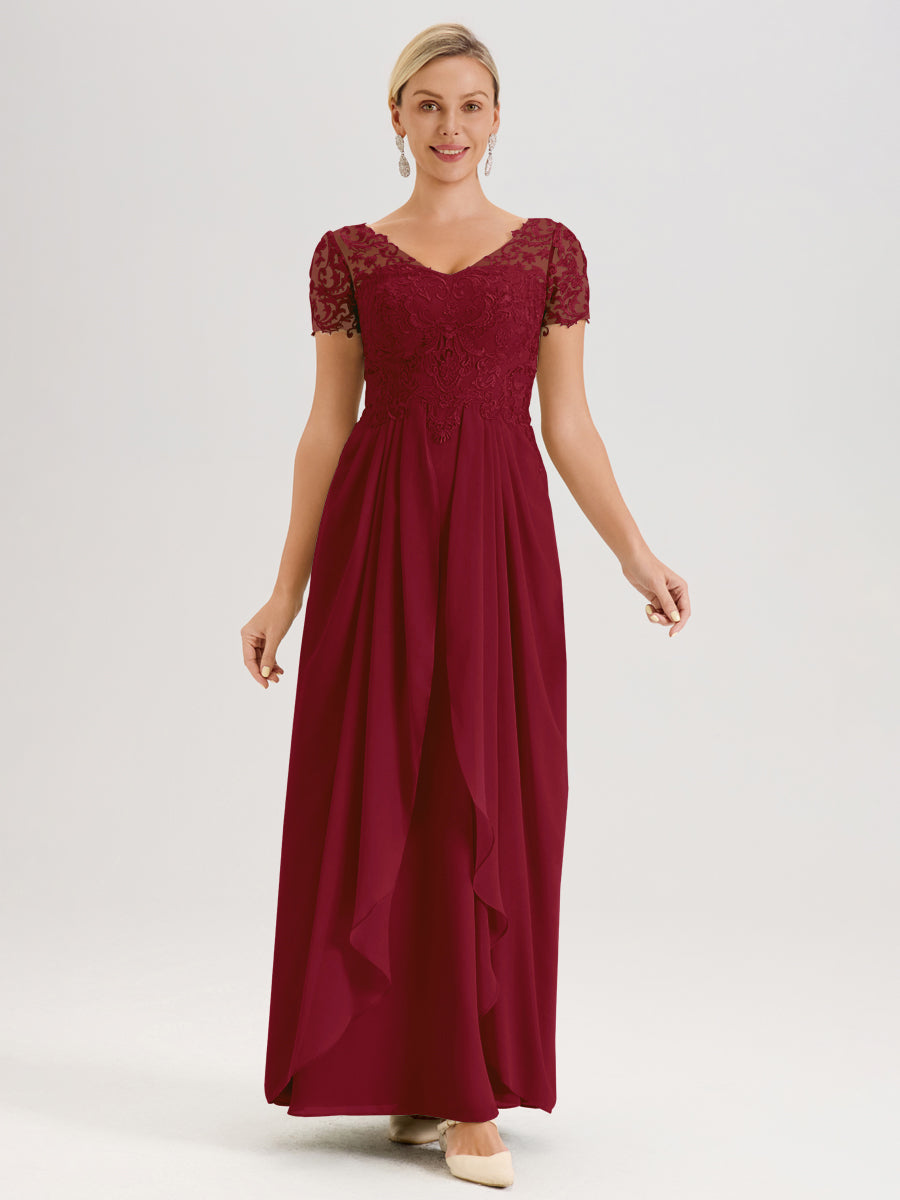 Cicinia Bordeaux Robe De Mère De La Mariée Longue Ligne A En Dentelle Et Mousseline À Manches Courtes Et Décolleté En V