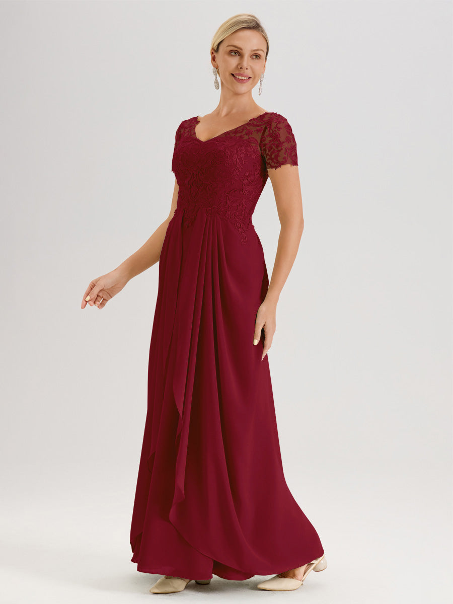 Cicinia Bordeaux Robe De Mère De La Mariée Longue Ligne A En Dentelle Et Mousseline À Manches Courtes Et Décolleté En V