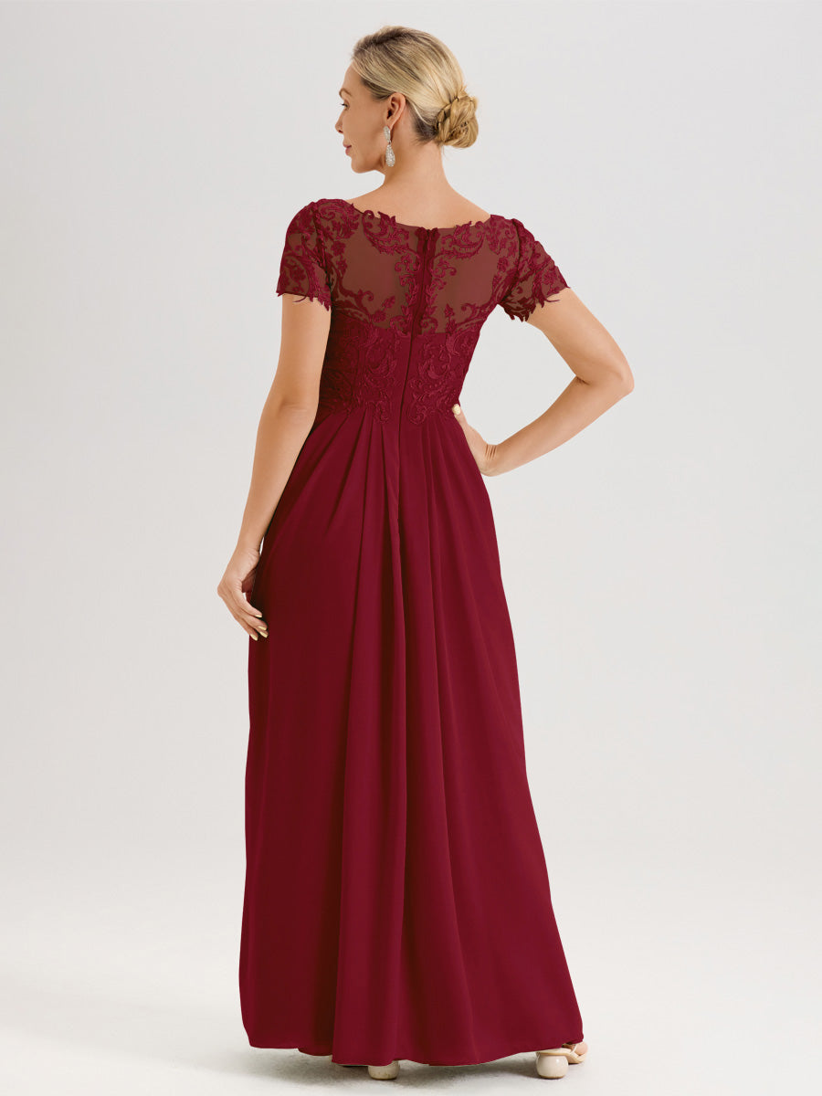 Cicinia Bordeaux Robe De Mère De La Mariée Longue Ligne A En Dentelle Et Mousseline À Manches Courtes Et Décolleté En V