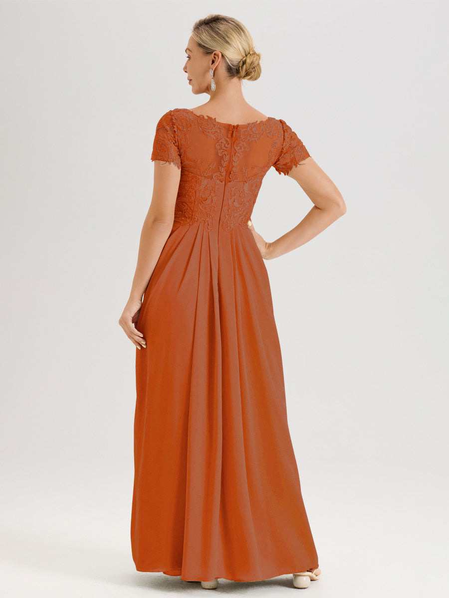 Cicinia Orange Brûlé Robe De Mère De La Mariée Longue Ligne A En Dentelle Et Mousseline À Manches Courtes Et Décolleté En V