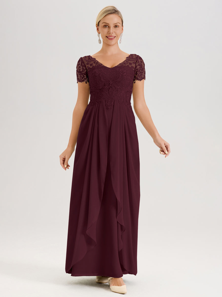 Cicinia Cabernet Robe De Mère De La Mariée Longue Ligne A En Dentelle Et Mousseline À Manches Courtes Et Décolleté En V
