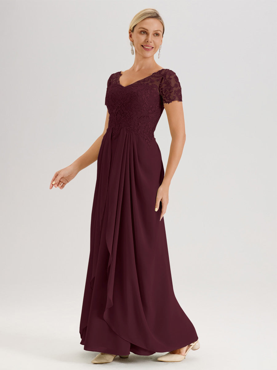 Cicinia Cabernet Robe De Mère De La Mariée Longue Ligne A En Dentelle Et Mousseline À Manches Courtes Et Décolleté En V