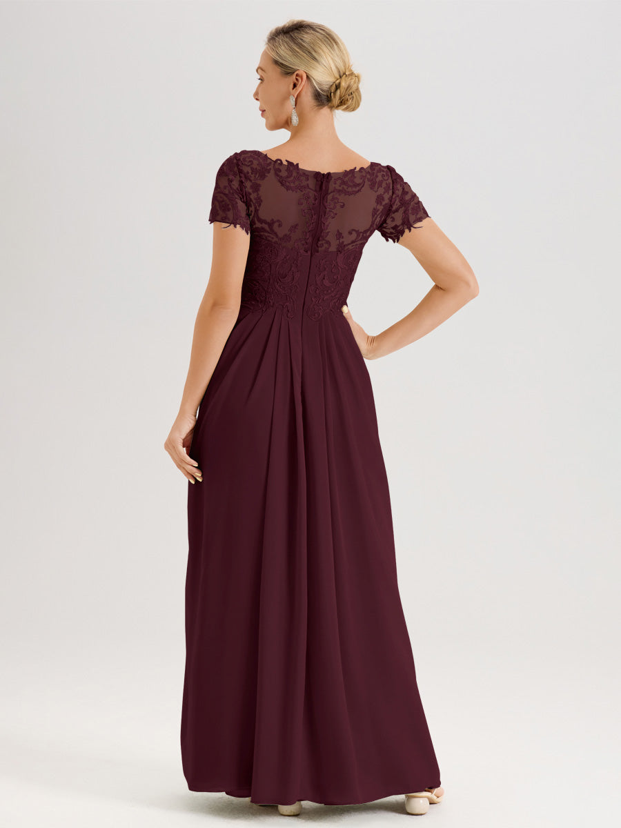 Cicinia Cabernet Robe De Mère De La Mariée Longue Ligne A En Dentelle Et Mousseline À Manches Courtes Et Décolleté En V