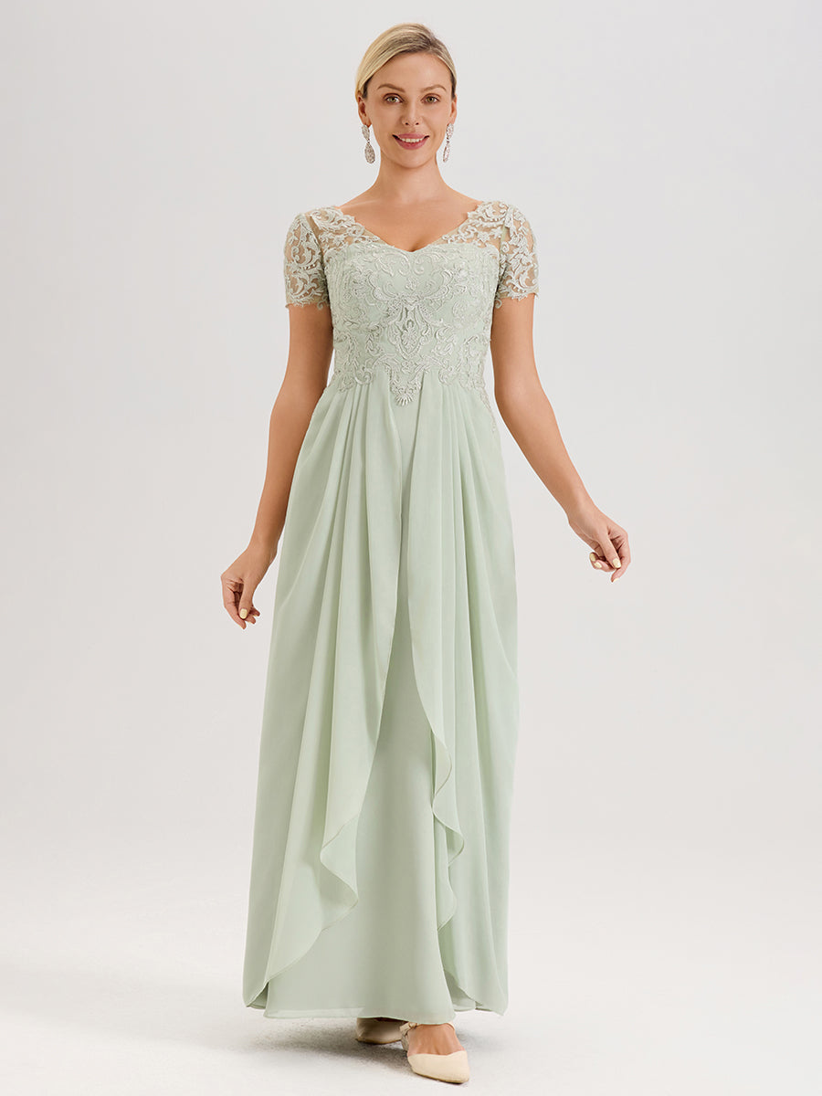 Cicinia Celadon Robe De Mère De La Mariée Longue Ligne A En Dentelle Et Mousseline À Manches Courtes Et Décolleté En V