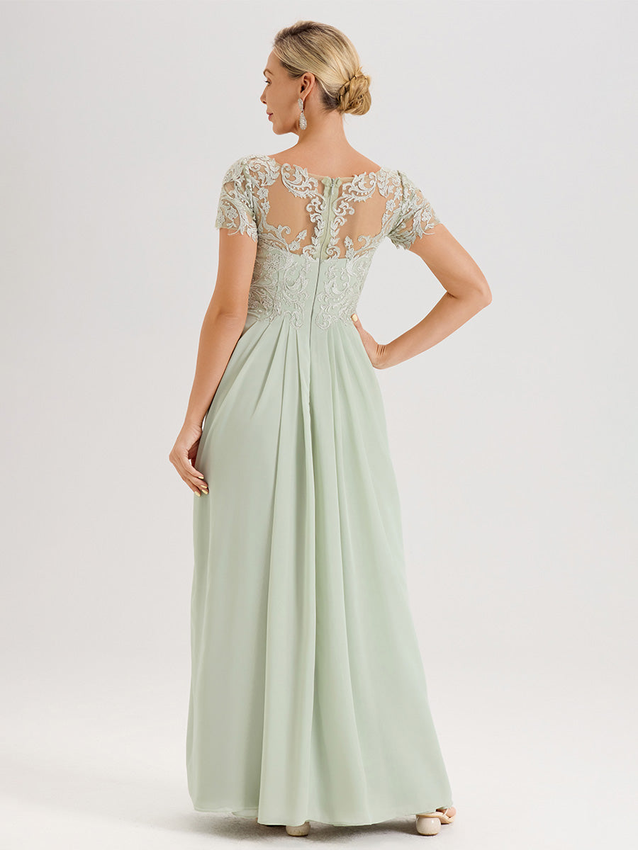 Cicinia Celadon Robe De Mère De La Mariée Longue Ligne A En Dentelle Et Mousseline À Manches Courtes Et Décolleté En V