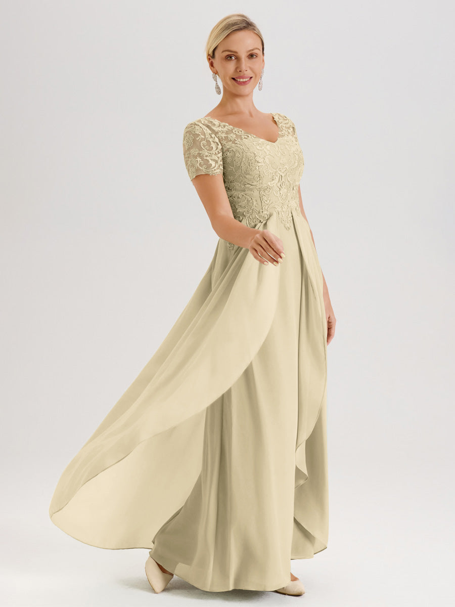 Cicinia Champagne Robe De Mère De La Mariée Longue Ligne A En Dentelle Et Mousseline À Manches Courtes Et Décolleté En V