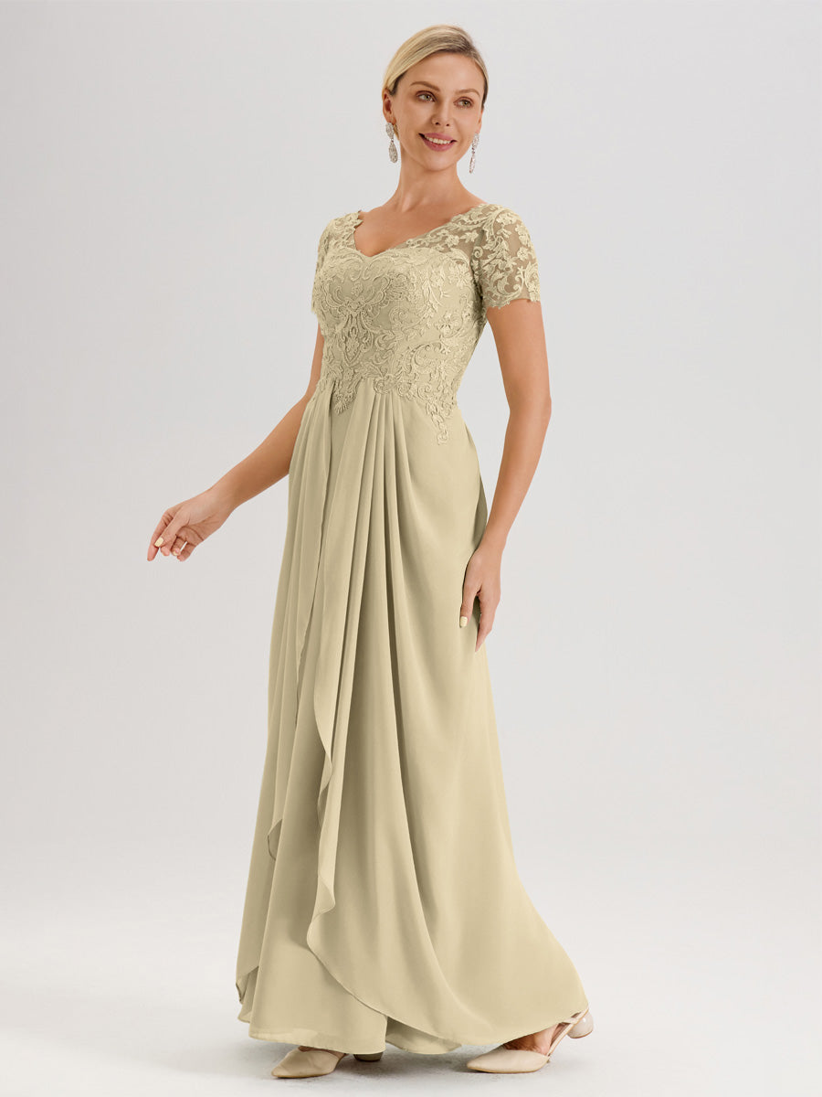 Cicinia Champagne Robe De Mère De La Mariée Longue Ligne A En Dentelle Et Mousseline À Manches Courtes Et Décolleté En V