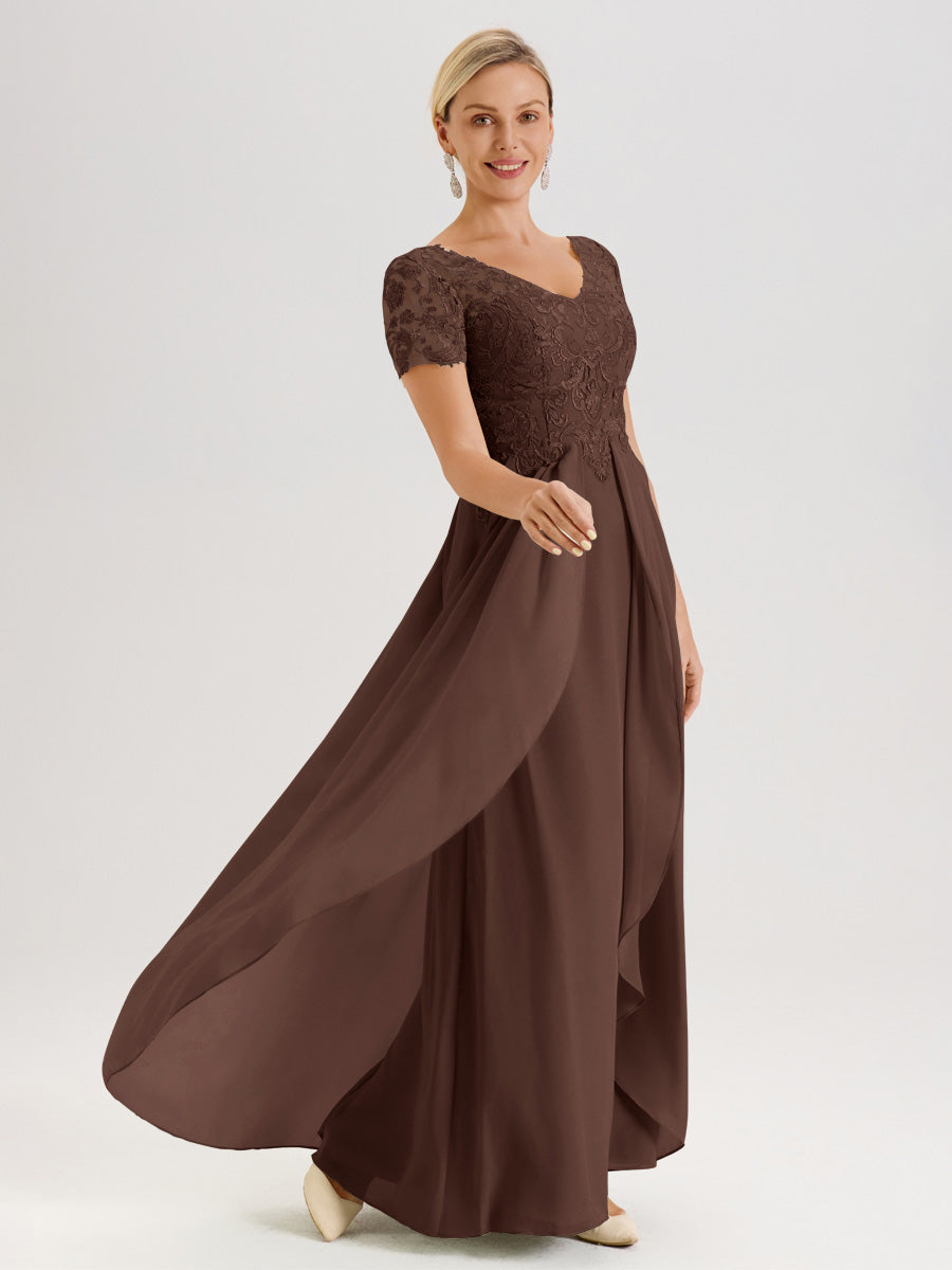 Cicinia Chocolat Robe De Mère De La Mariée Longue Ligne A En Dentelle Et Mousseline À Manches Courtes Et Décolleté En V