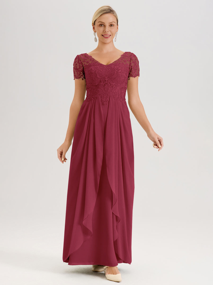 Cicinia Rose Cannelle Robe De Mère De La Mariée Longue Ligne A En Dentelle Et Mousseline À Manches Courtes Et Décolleté En V