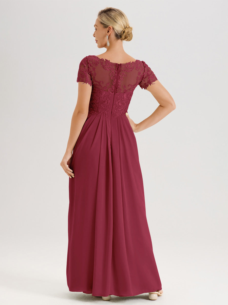 Cicinia Rose Cannelle Robe De Mère De La Mariée Longue Ligne A En Dentelle Et Mousseline À Manches Courtes Et Décolleté En V