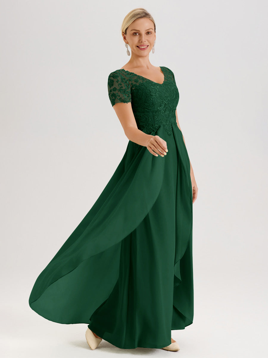Cicinia Vert Foncé Robe De Mère De La Mariée Longue Ligne A En Dentelle Et Mousseline À Manches Courtes Et Décolleté En V