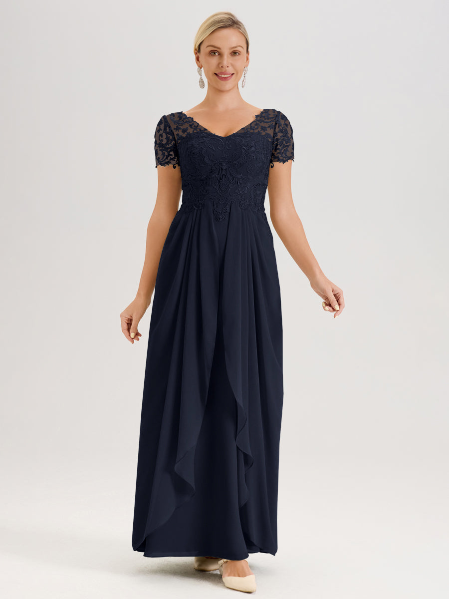 Cicinia Bleu Marine Robe De Mère De La Mariée Longue Ligne A En Dentelle Et Mousseline À Manches Courtes Et Décolleté En V