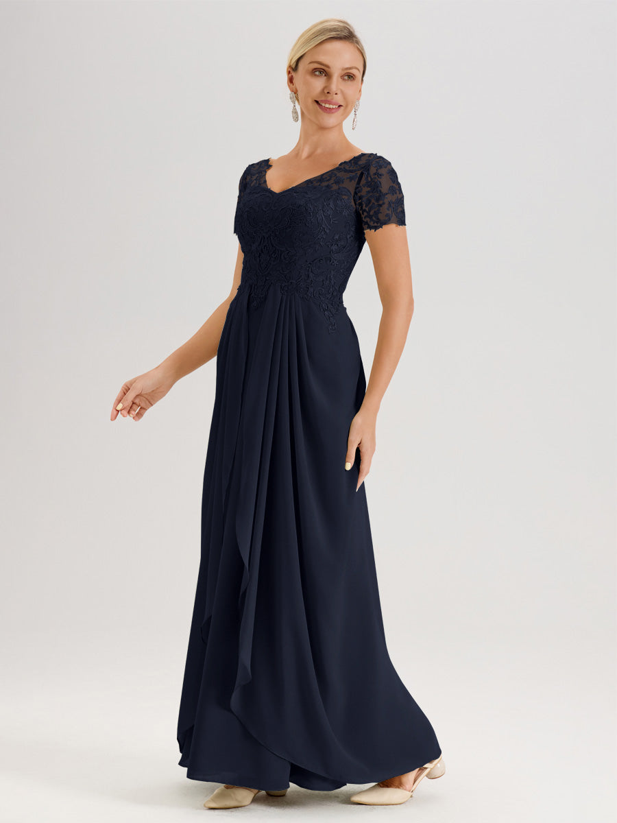 Cicinia Bleu Marine Robe De Mère De La Mariée Longue Ligne A En Dentelle Et Mousseline À Manches Courtes Et Décolleté En V