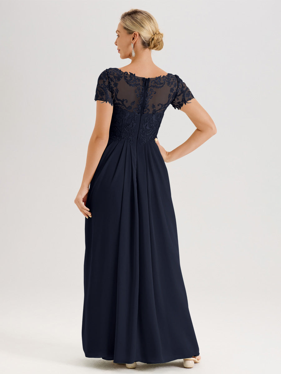 Cicinia Bleu Marine Robe De Mère De La Mariée Longue Ligne A En Dentelle Et Mousseline À Manches Courtes Et Décolleté En V
