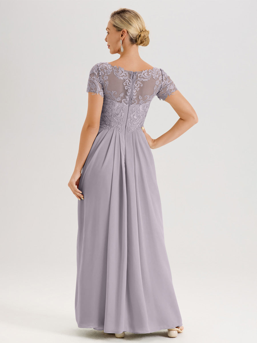 Cicinia Crépuscule Robe De Mère De La Mariée Longue Ligne A En Dentelle Et Mousseline À Manches Courtes Et Décolleté En V