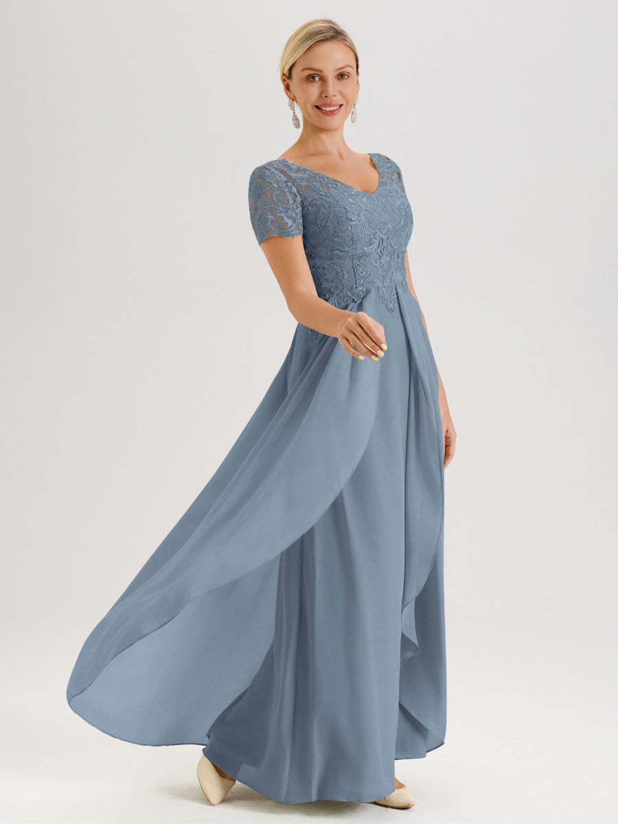 Cicinia Bleu Poudré Robe De Mère De La Mariée Longue Ligne A En Dentelle Et Mousseline À Manches Courtes Et Décolleté En V
