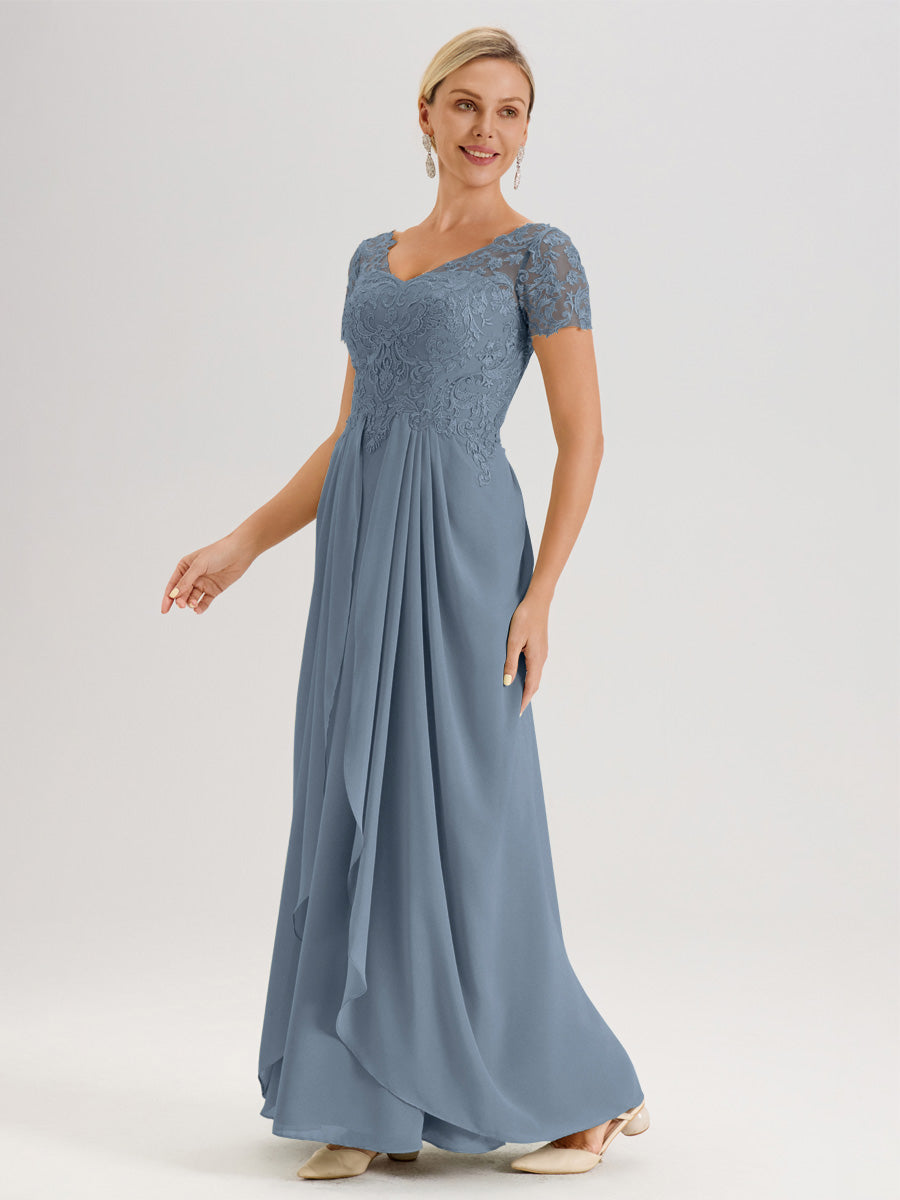 Cicinia Bleu Poudré Robe De Mère De La Mariée Longue Ligne A En Dentelle Et Mousseline À Manches Courtes Et Décolleté En V