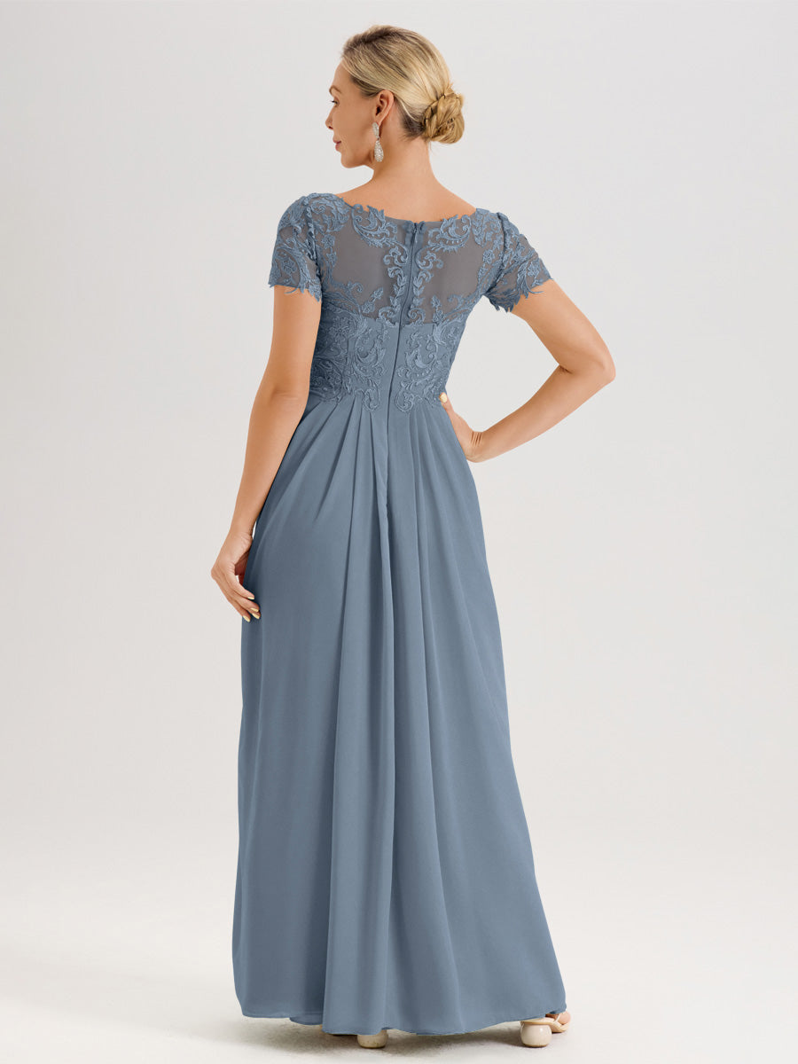 Cicinia Bleu Poudré Robe De Mère De La Mariée Longue Ligne A En Dentelle Et Mousseline À Manches Courtes Et Décolleté En V