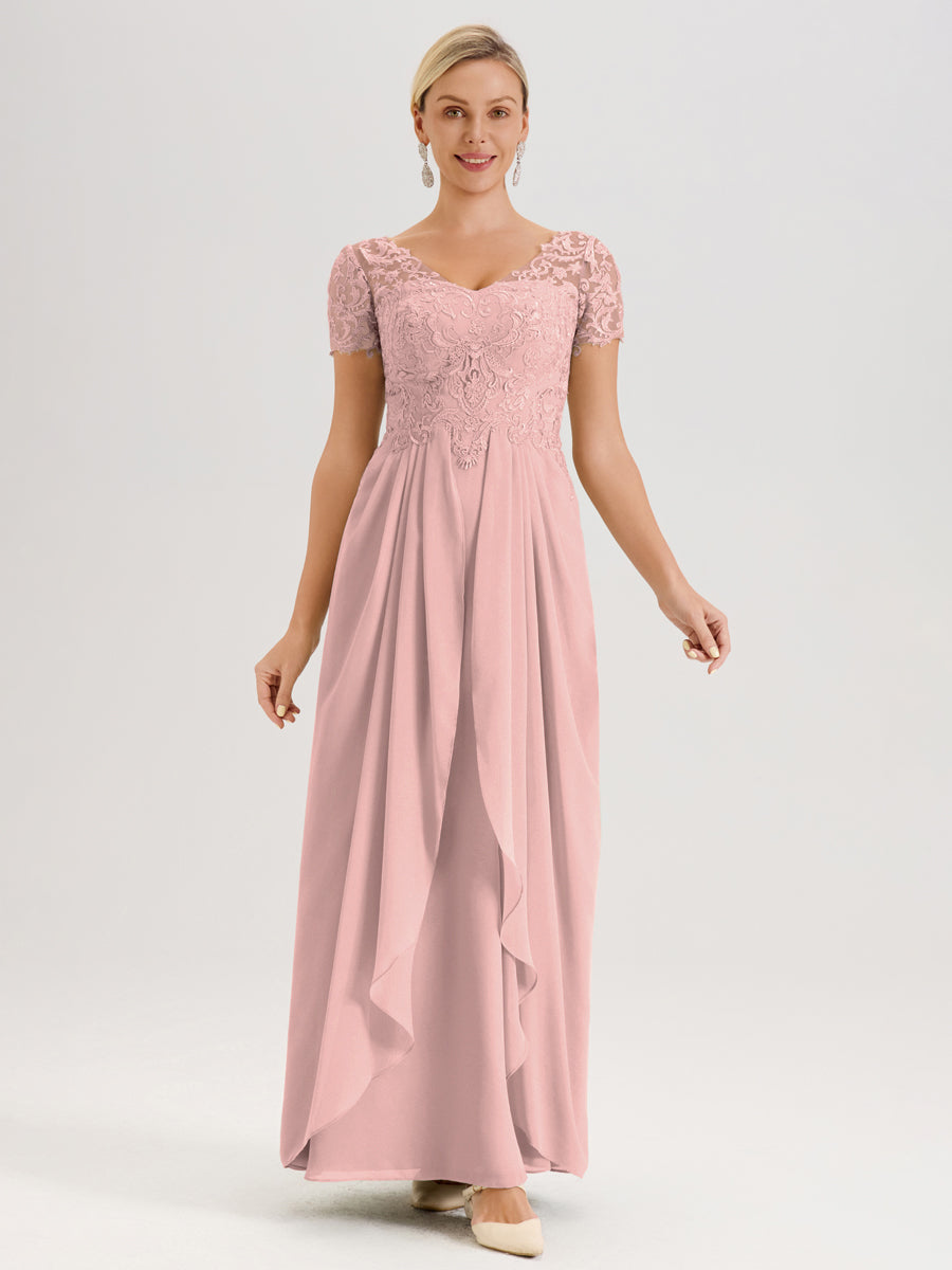 Cicinia Rose Poudré Robe De Mère De La Mariée Longue Ligne A En Dentelle Et Mousseline À Manches Courtes Et Décolleté En V