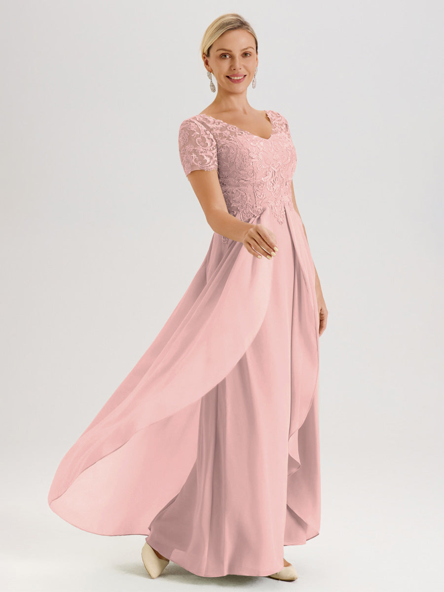 Cicinia Rose Poudré Robe De Mère De La Mariée Longue Ligne A En Dentelle Et Mousseline À Manches Courtes Et Décolleté En V