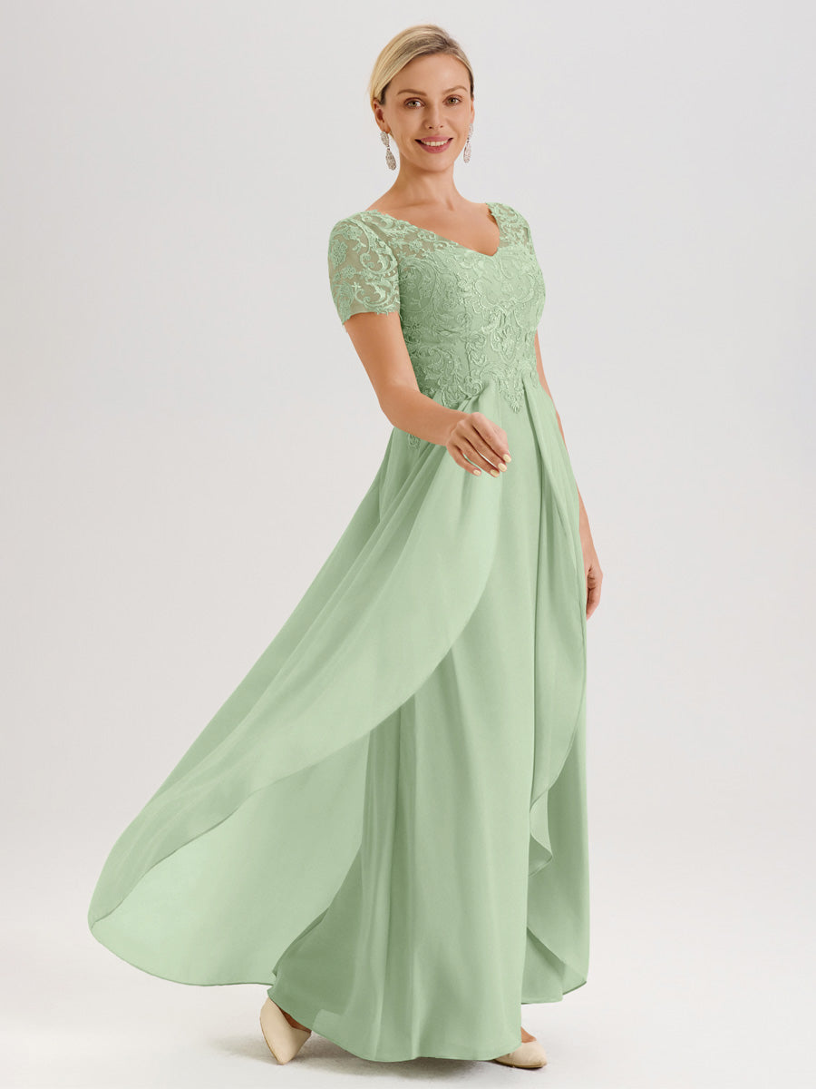 Cicinia Sauge Poudrée Robe De Mère De La Mariée Longue Ligne A En Dentelle Et Mousseline À Manches Courtes Et Décolleté En V