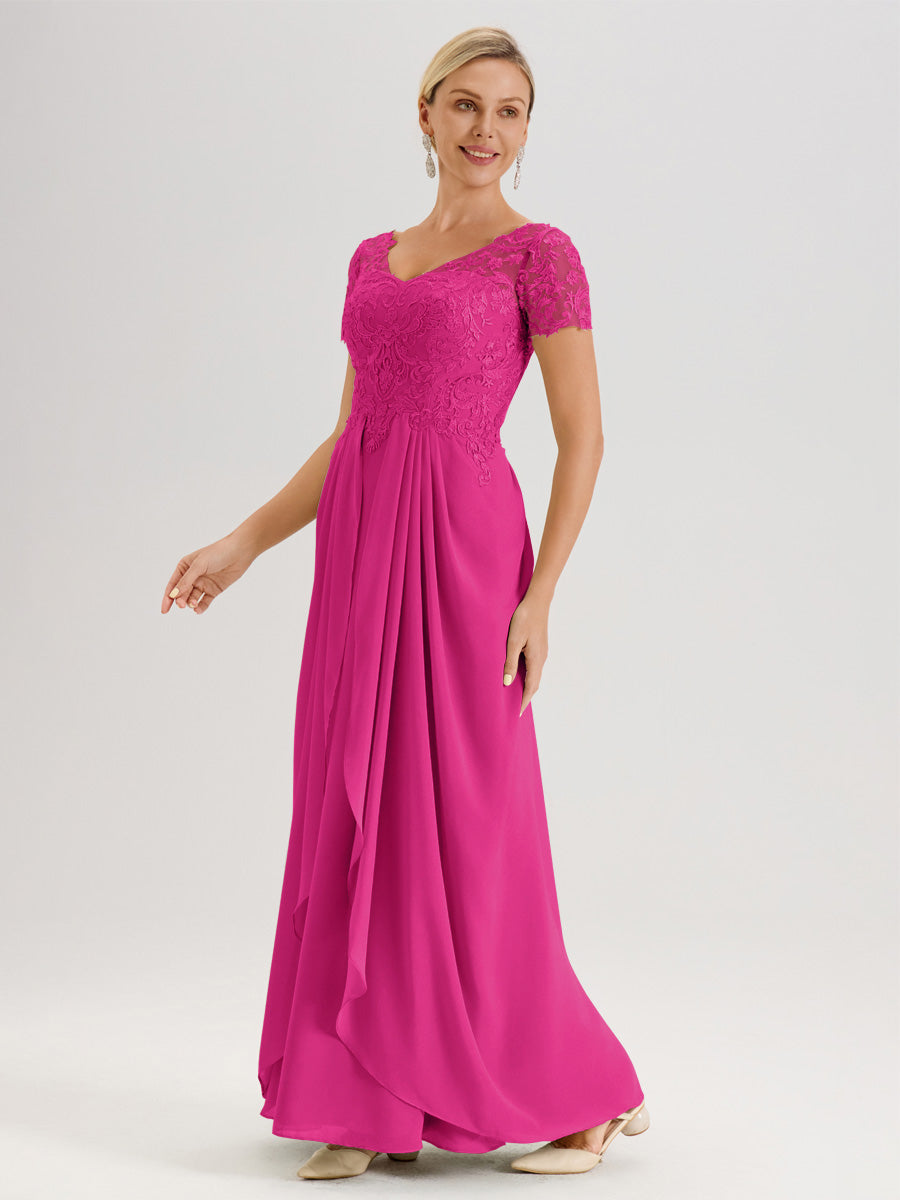 Cicinia Fuchsia Robe De Mère De La Mariée Longue Ligne A En Dentelle Et Mousseline À Manches Courtes Et Décolleté En V