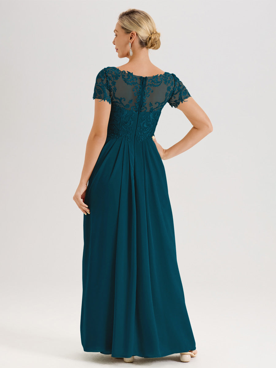 Cicinia Bleu Encre Robe De Mère De La Mariée Longue Ligne A En Dentelle Et Mousseline À Manches Courtes Et Décolleté En V