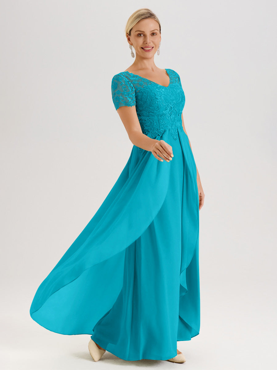 Cicinia Jade Robe De Mère De La Mariée Longue Ligne A En Dentelle Et Mousseline À Manches Courtes Et Décolleté En V