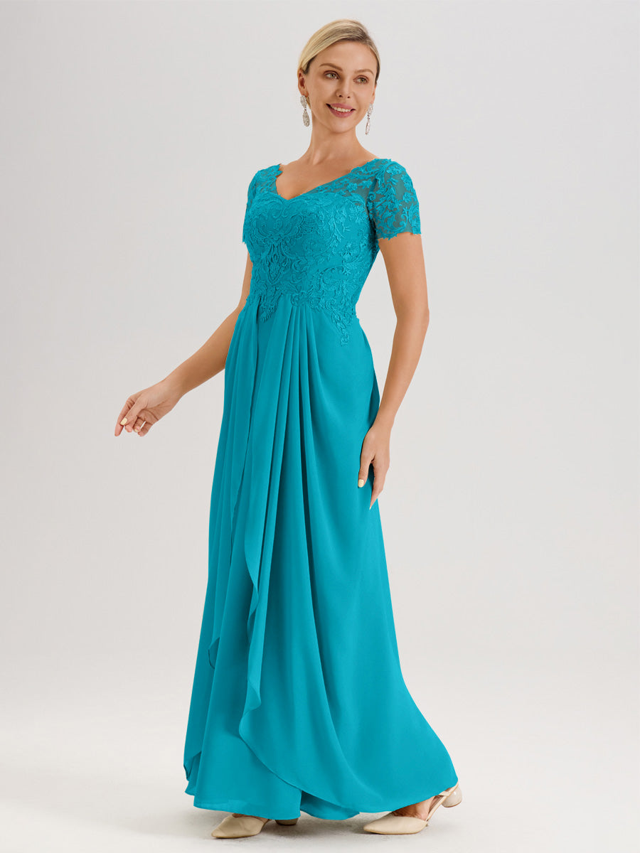 Cicinia Jade Robe De Mère De La Mariée Longue Ligne A En Dentelle Et Mousseline À Manches Courtes Et Décolleté En V