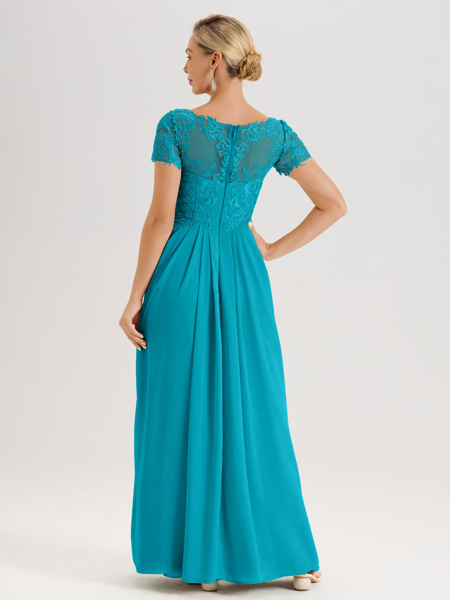 Cicinia Jade Robe De Mère De La Mariée Longue Ligne A En Dentelle Et Mousseline À Manches Courtes Et Décolleté En V