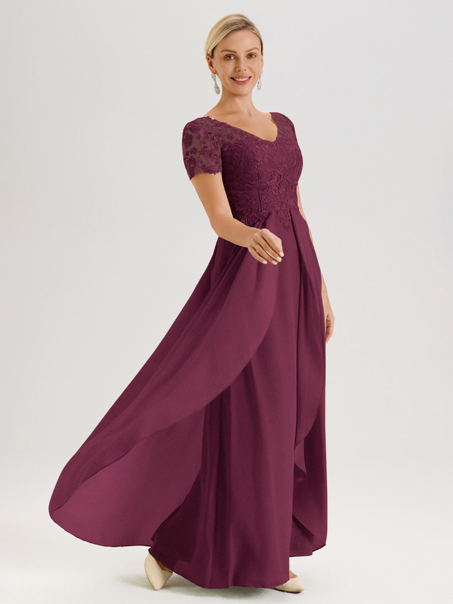 Cicinia Mûre Robe De Mère De La Mariée Longue Ligne A En Dentelle Et Mousseline À Manches Courtes Et Décolleté En V