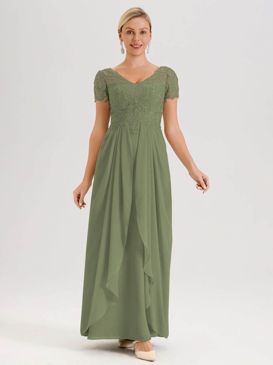 Cicinia Vert Olive Robe De Mère De La Mariée Longue Ligne A En Dentelle Et Mousseline À Manches Courtes Et Décolleté En V