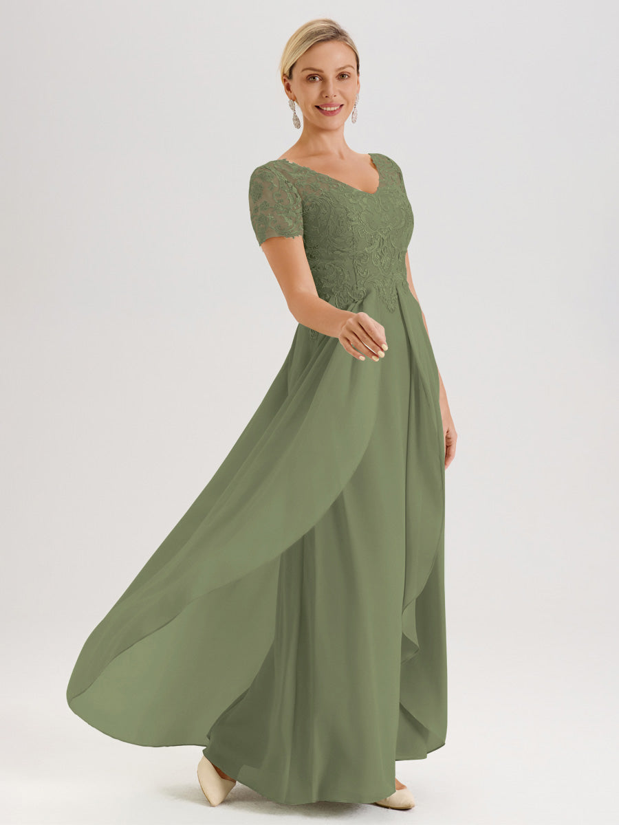 Cicinia Vert Olive Robe De Mère De La Mariée Longue Ligne A En Dentelle Et Mousseline À Manches Courtes Et Décolleté En V
