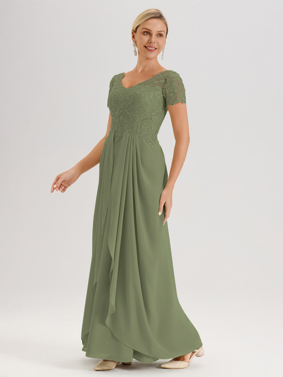 Cicinia Vert Olive Robe De Mère De La Mariée Longue Ligne A En Dentelle Et Mousseline À Manches Courtes Et Décolleté En V