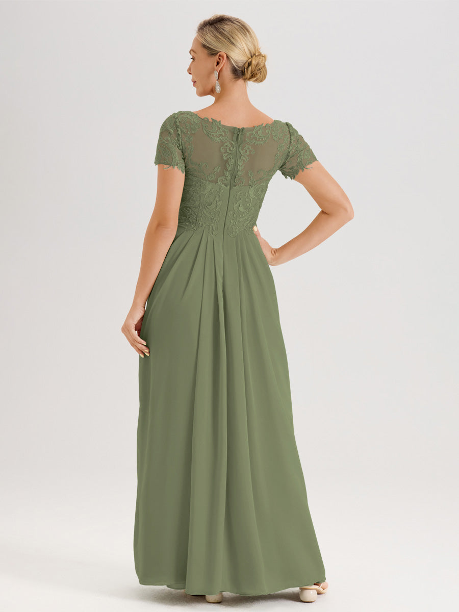 Cicinia Vert Olive Robe De Mère De La Mariée Longue Ligne A En Dentelle Et Mousseline À Manches Courtes Et Décolleté En V