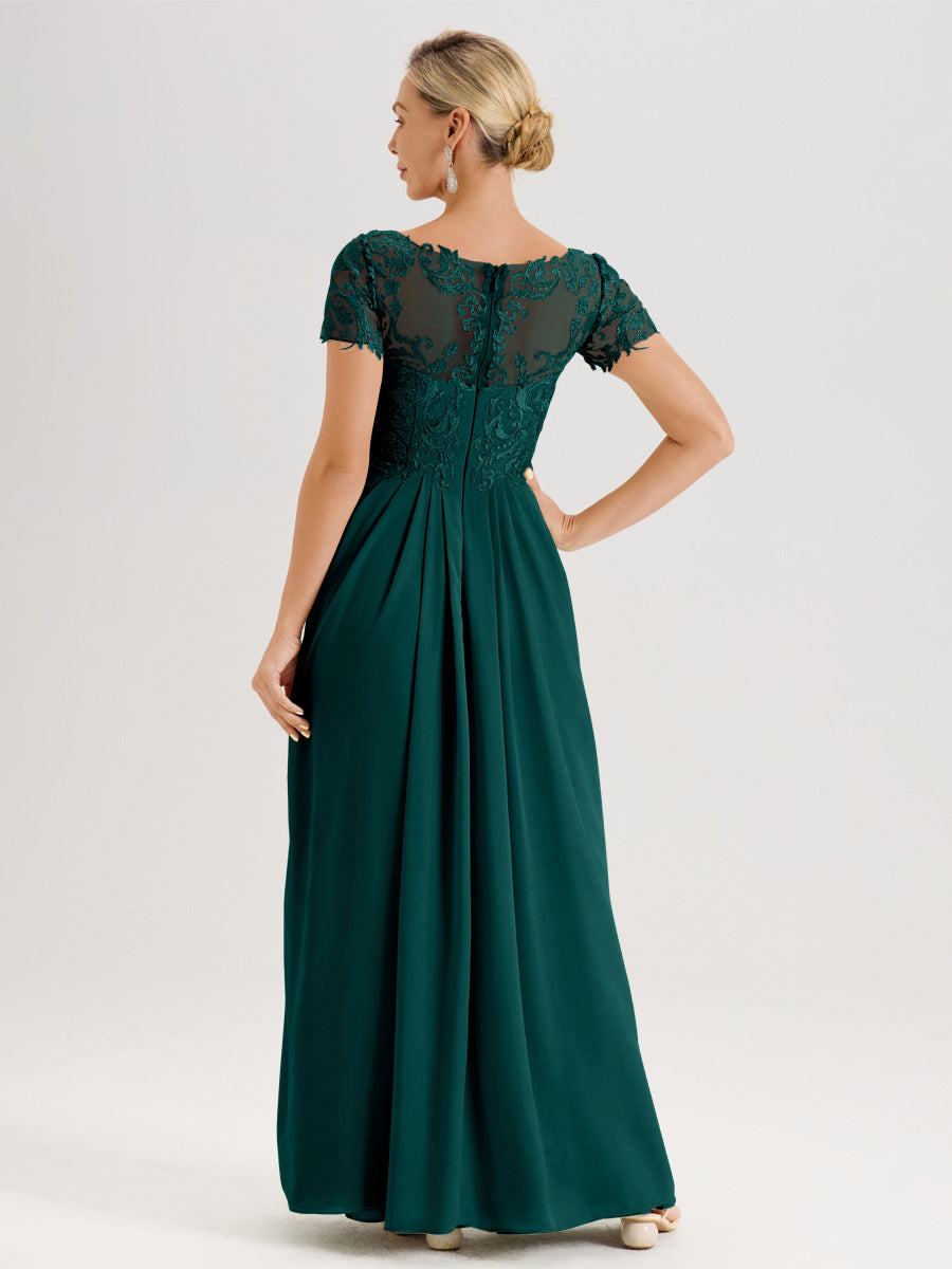 Cicinia Paon Robe De Mère De La Mariée Longue Ligne A En Dentelle Et Mousseline À Manches Courtes Et Décolleté En V