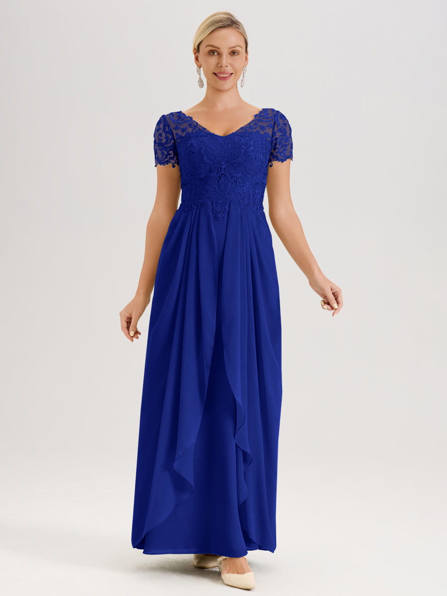Cicinia Bleu Royale Robe De Mère De La Mariée Longue Ligne A En Dentelle Et Mousseline À Manches Courtes Et Décolleté En V