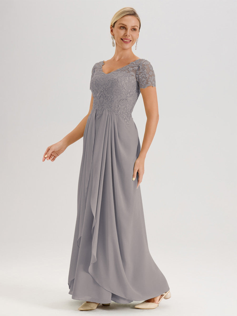 Cicinia Argent Robe De Mère De La Mariée Longue Ligne A En Dentelle Et Mousseline À Manches Courtes Et Décolleté En V