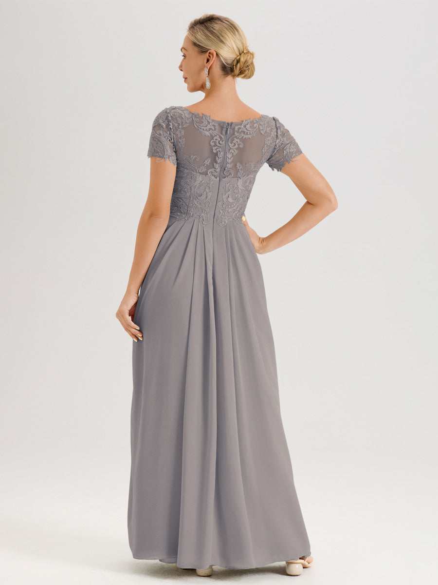 Cicinia Argent Robe De Mère De La Mariée Longue Ligne A En Dentelle Et Mousseline À Manches Courtes Et Décolleté En V