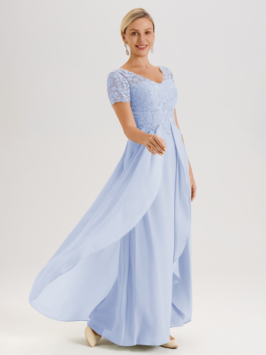 Cicinia Bleu Ciel Robe De Mère De La Mariée Longue Ligne A En Dentelle Et Mousseline À Manches Courtes Et Décolleté En V
