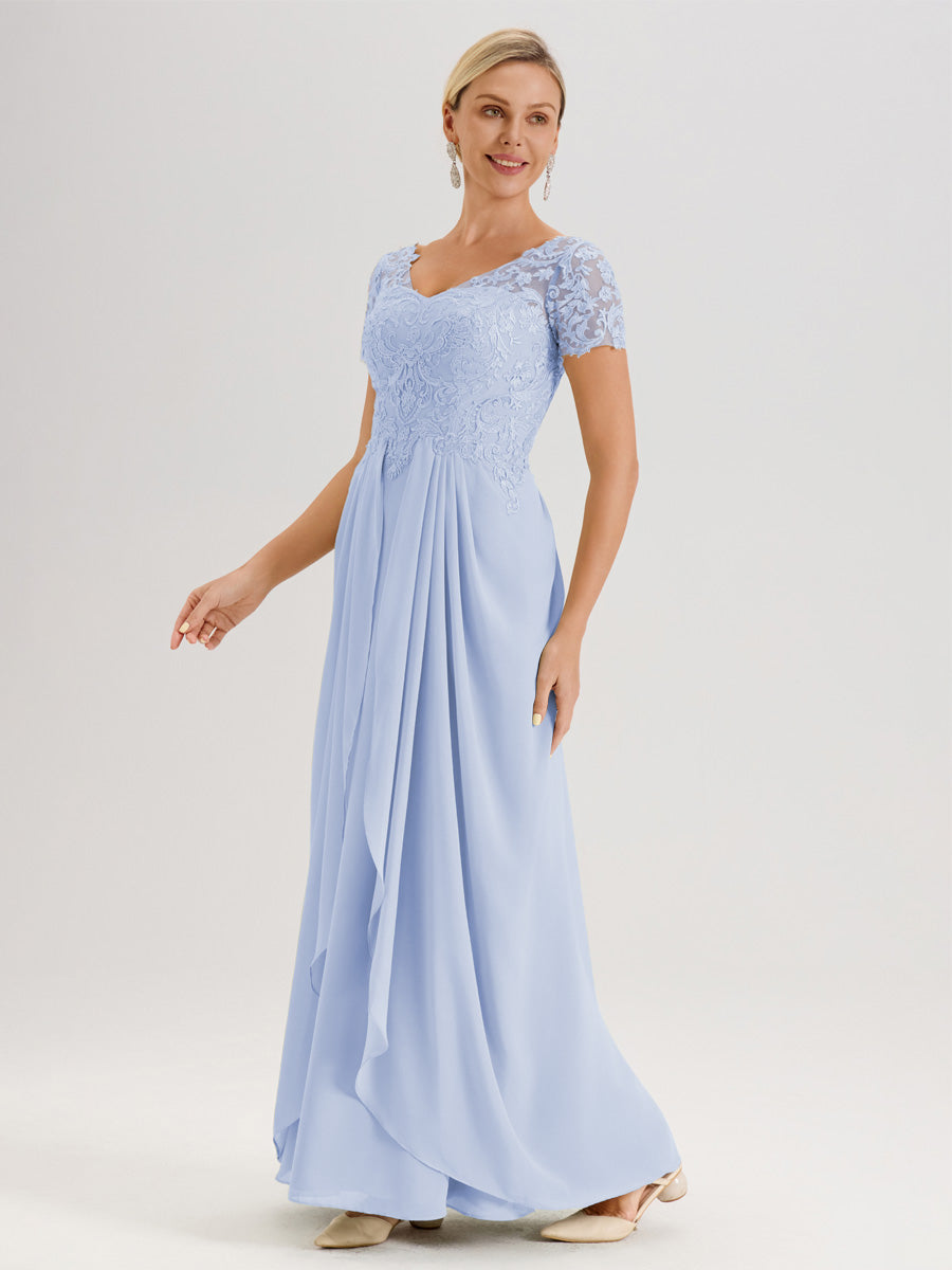 Cicinia Bleu Ciel Robe De Mère De La Mariée Longue Ligne A En Dentelle Et Mousseline À Manches Courtes Et Décolleté En V