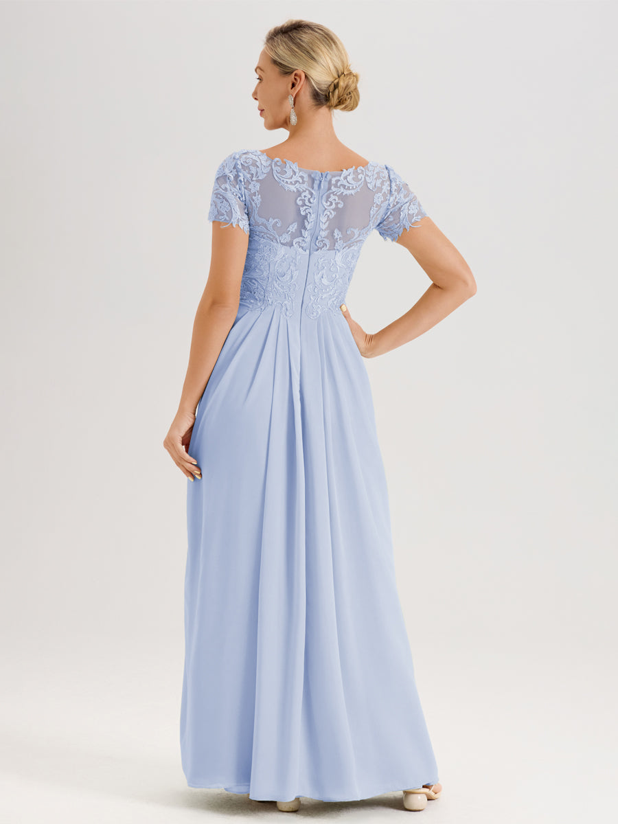 Cicinia Bleu Ciel Robe De Mère De La Mariée Longue Ligne A En Dentelle Et Mousseline À Manches Courtes Et Décolleté En V