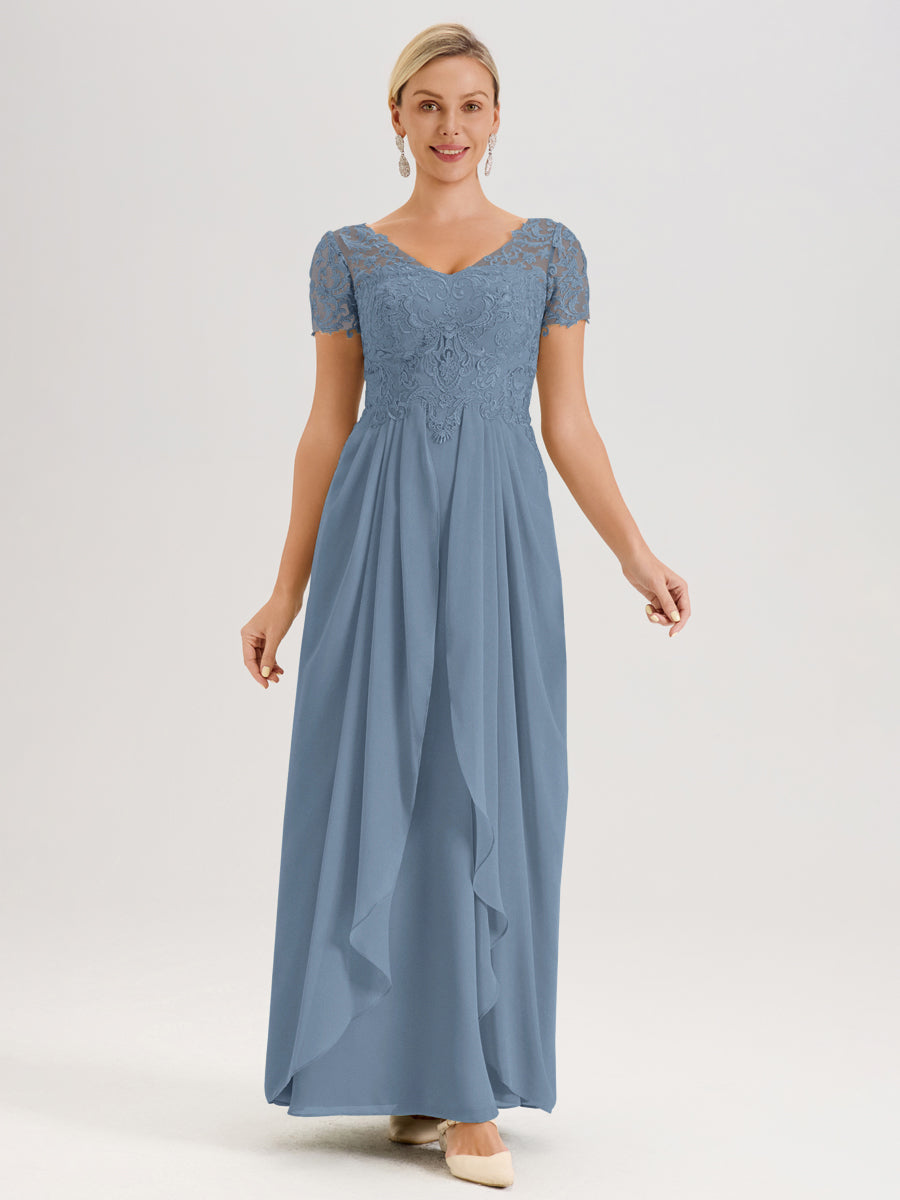 Cicinia Bleu De Schiste Robe De Mère De La Mariée Longue Ligne A En Dentelle Et Mousseline À Manches Courtes Et Décolleté En V