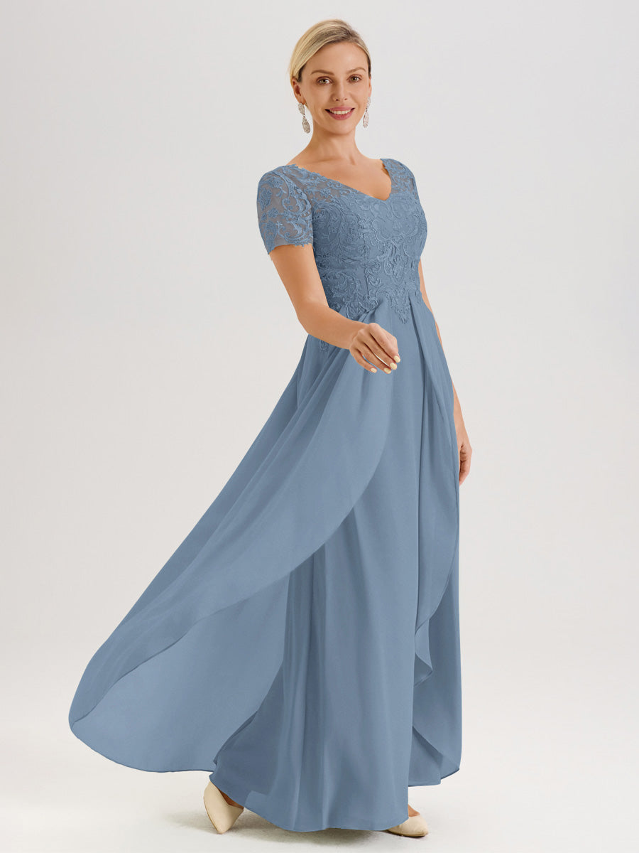 Cicinia Bleu De Schiste Robe De Mère De La Mariée Longue Ligne A En Dentelle Et Mousseline À Manches Courtes Et Décolleté En V